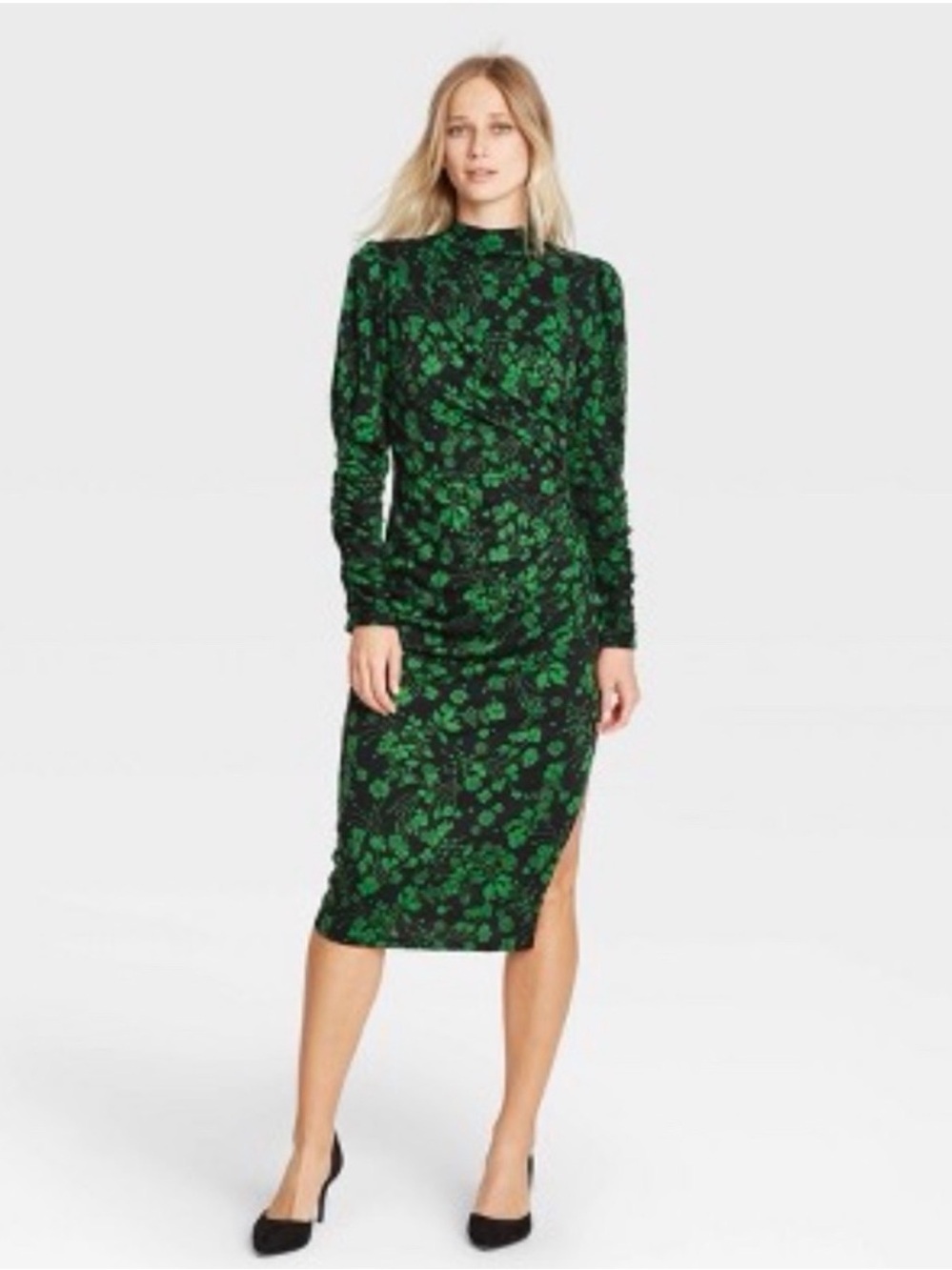 Who What Wear Black and Green Floral Long-Sleeve Midi Dress